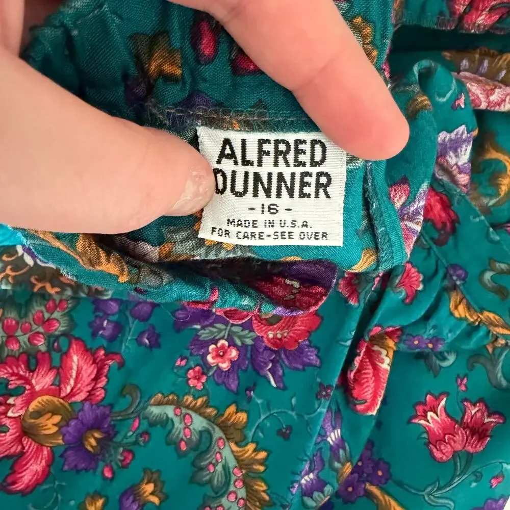 Vintage ALFRED DUNNER Women's 16 Green/Blue Floral Full Midi Retro Skirt 90's - Picture 3 of 9